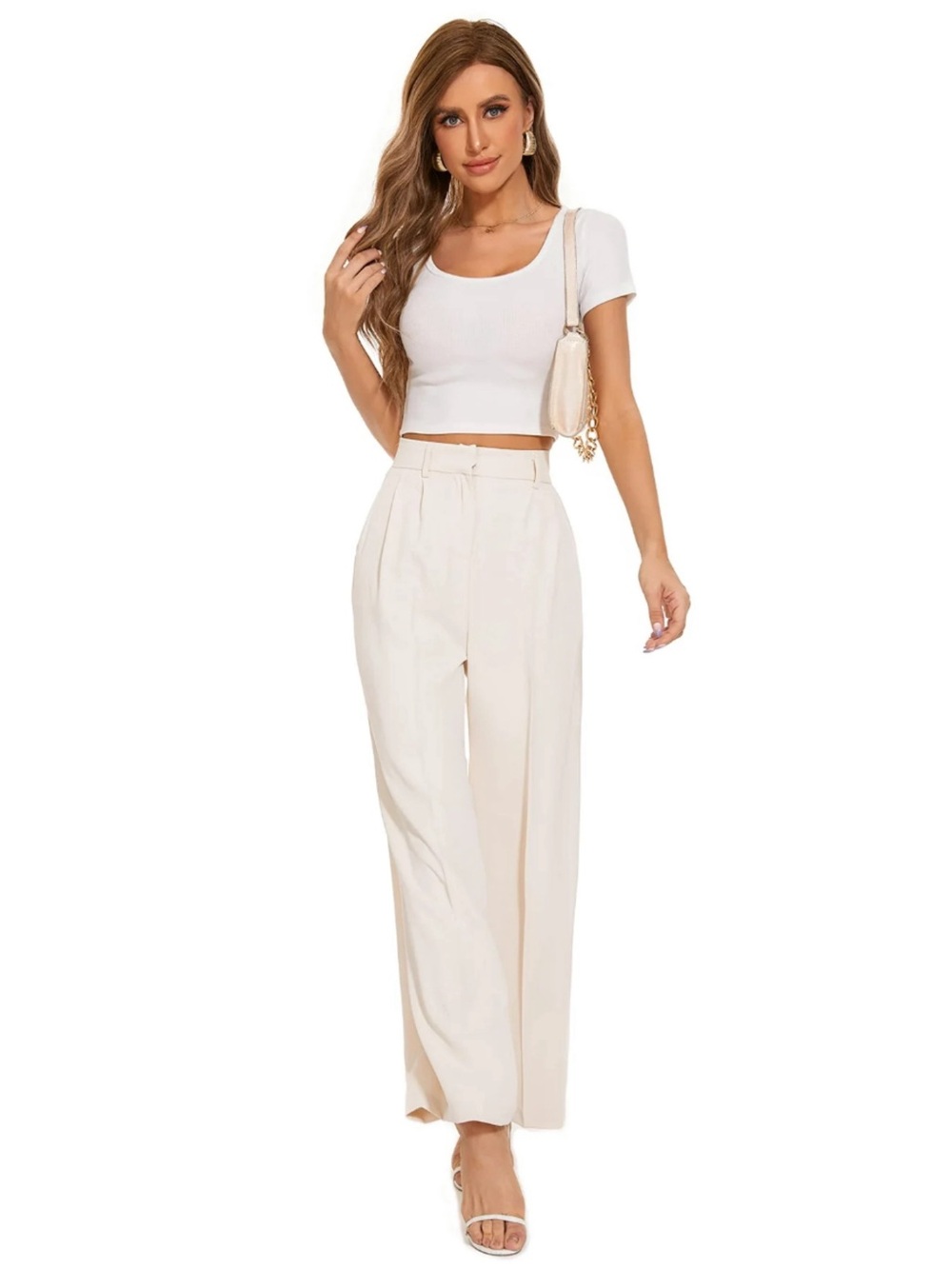 NWT Funyyzo Cream Wide Leg Trousers High Waist Minimalist Dress Pants Womens M*